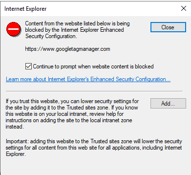 Warmning message that shows when content is blocked by Internet Explorer.