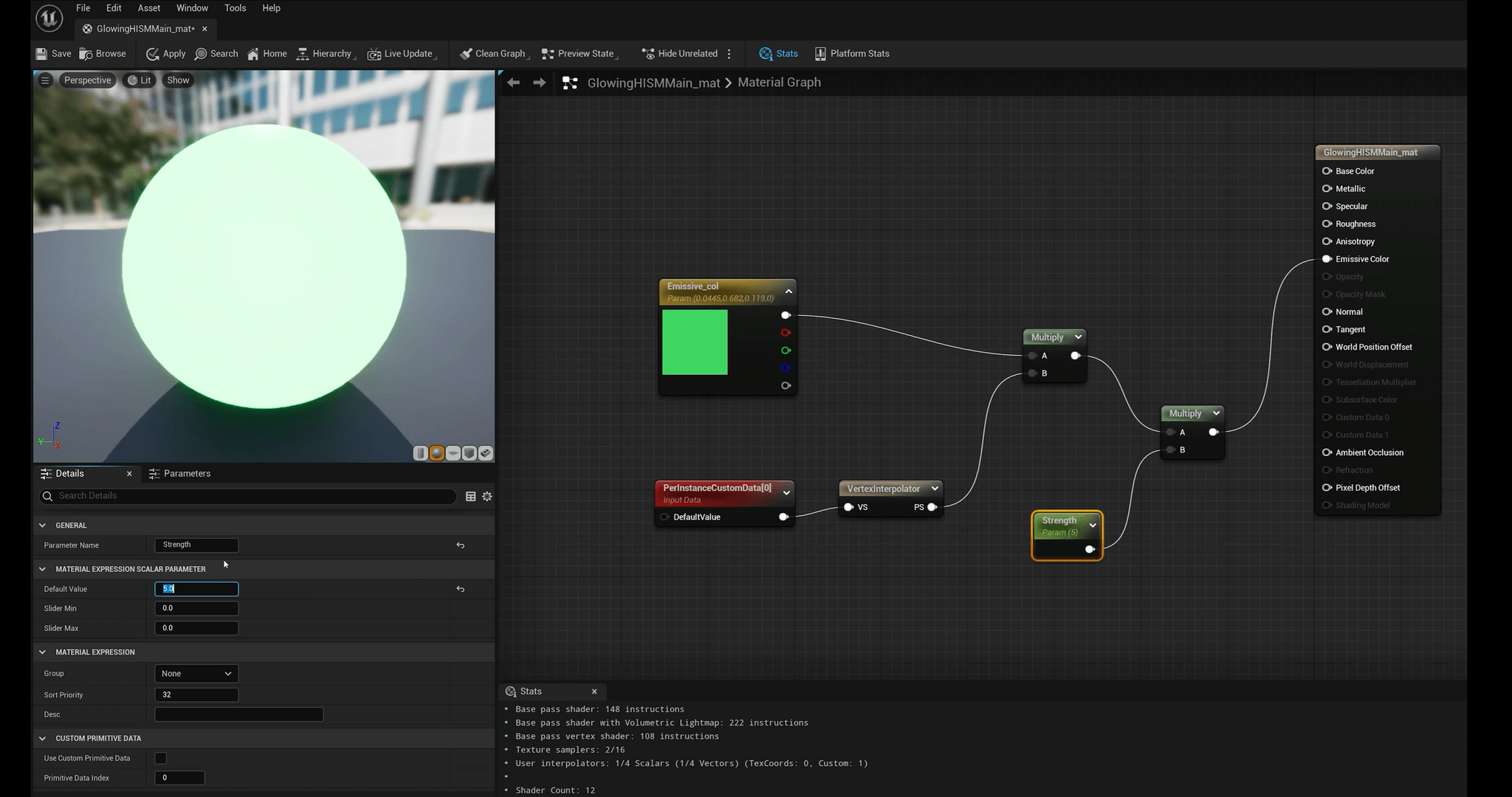A blueprint showing emissive materials in Unreal Engine 5.