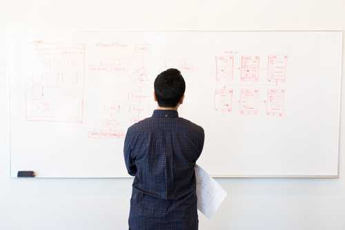 Data engineer looking at a whiteboard.