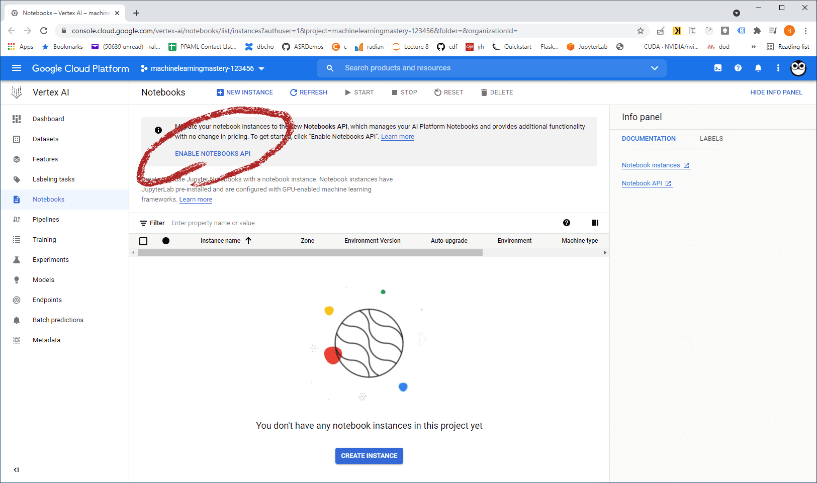 Ensure the notebooks api is enabled.